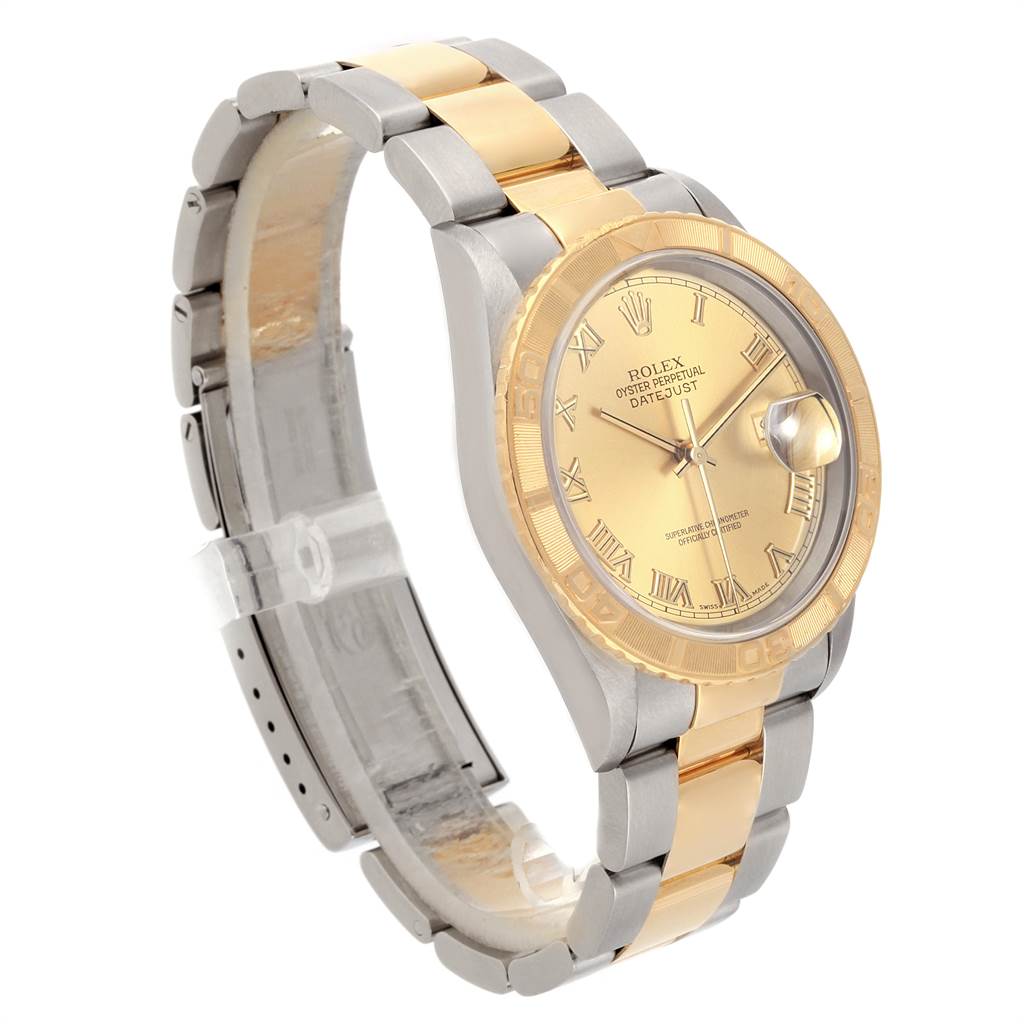 The Rolex Turn-o-Graph 16263 Men
s Steel and Gold (two tone) Champagne Dial 16263 Men
s Steel and Gold (two tone) Champagne Dial model is shown at a three-quarter angle, displaying the face, bezel, and bracelet.