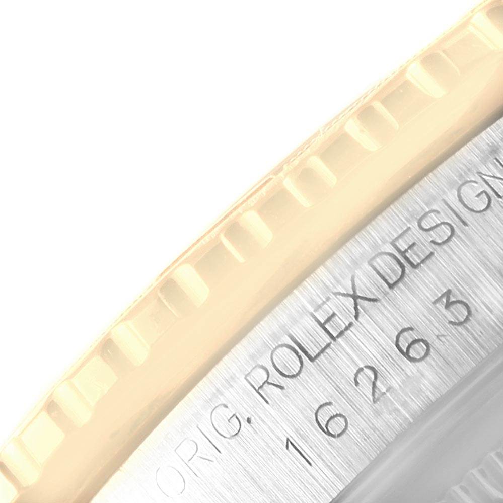 This image displays a close-up of the bezel and engraved side of a Rolex Turn-o-Graph 16263 Men
s Steel and Gold (two tone) Champagne Dial 16263 Men
s Steel and Gold (two tone) Champagne Dial watch.