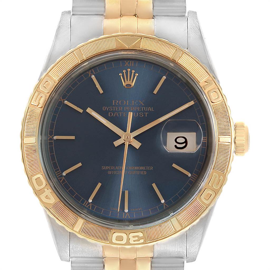 The image shows a Rolex Turn-o-Graph 16263 Men's Steel and Gold (two tone) Blue Dial 16263 Men's Steel and Gold (two tone) Blue Dial watch from a front angle, highlighting its bezel, dial, and bracelet.