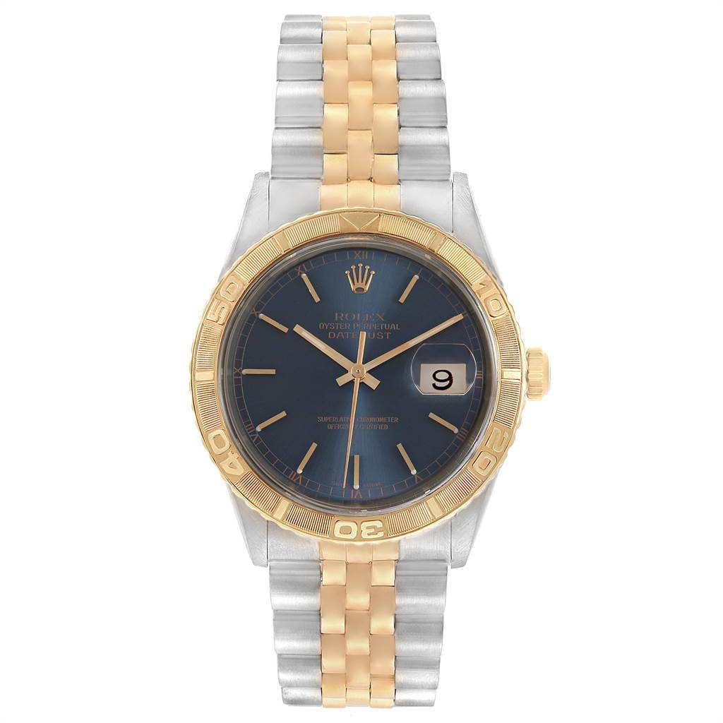 The image shows a front angle of the Rolex Turn-o-Graph 16263 Men's Steel and Gold (two tone) Blue Dial 16263 Men's Steel and Gold (two tone) Blue Dial watch, displaying the face, bezel, crown, and two-tone bracelet.