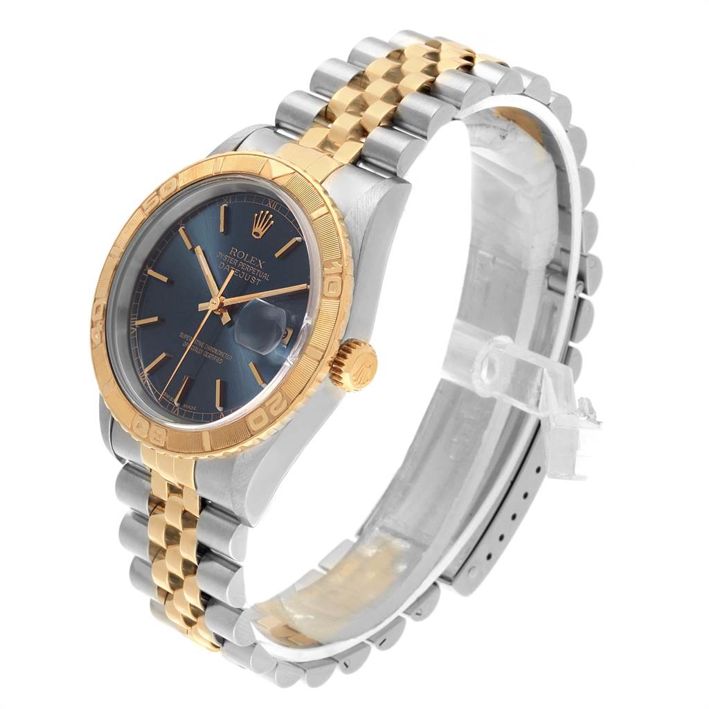 The Rolex Turn-o-Graph 16263 Men's Steel and Gold (two tone) Blue Dial 16263 Men's Steel and Gold (two tone) Blue Dial watch is shown at an angle displaying its dial, bezel, crown, and two-tone bracelet.
