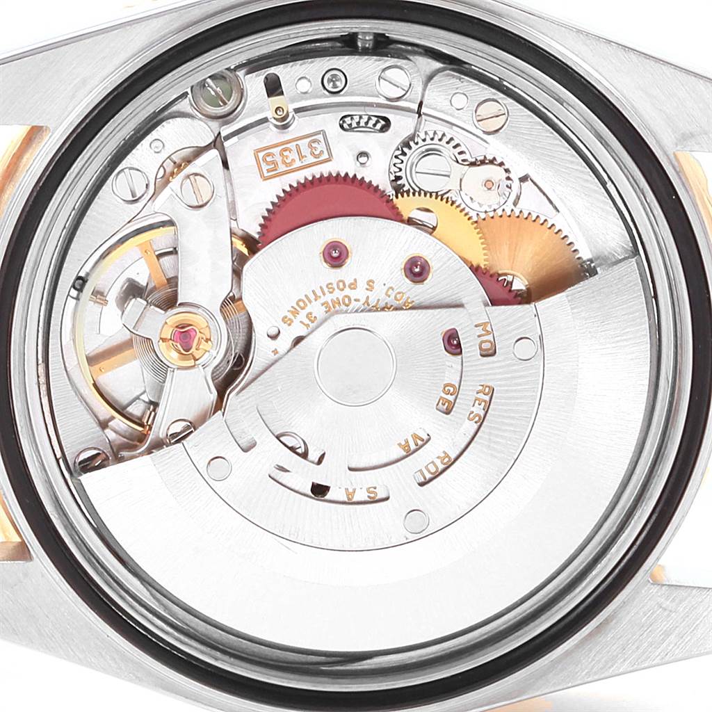 The image shows the internal mechanical movement of the Rolex Turn-o-Graph 16263 Men's Steel and Gold (two tone) Blue Dial 16263 Men's Steel and Gold (two tone) Blue Dial watch from a back angle.