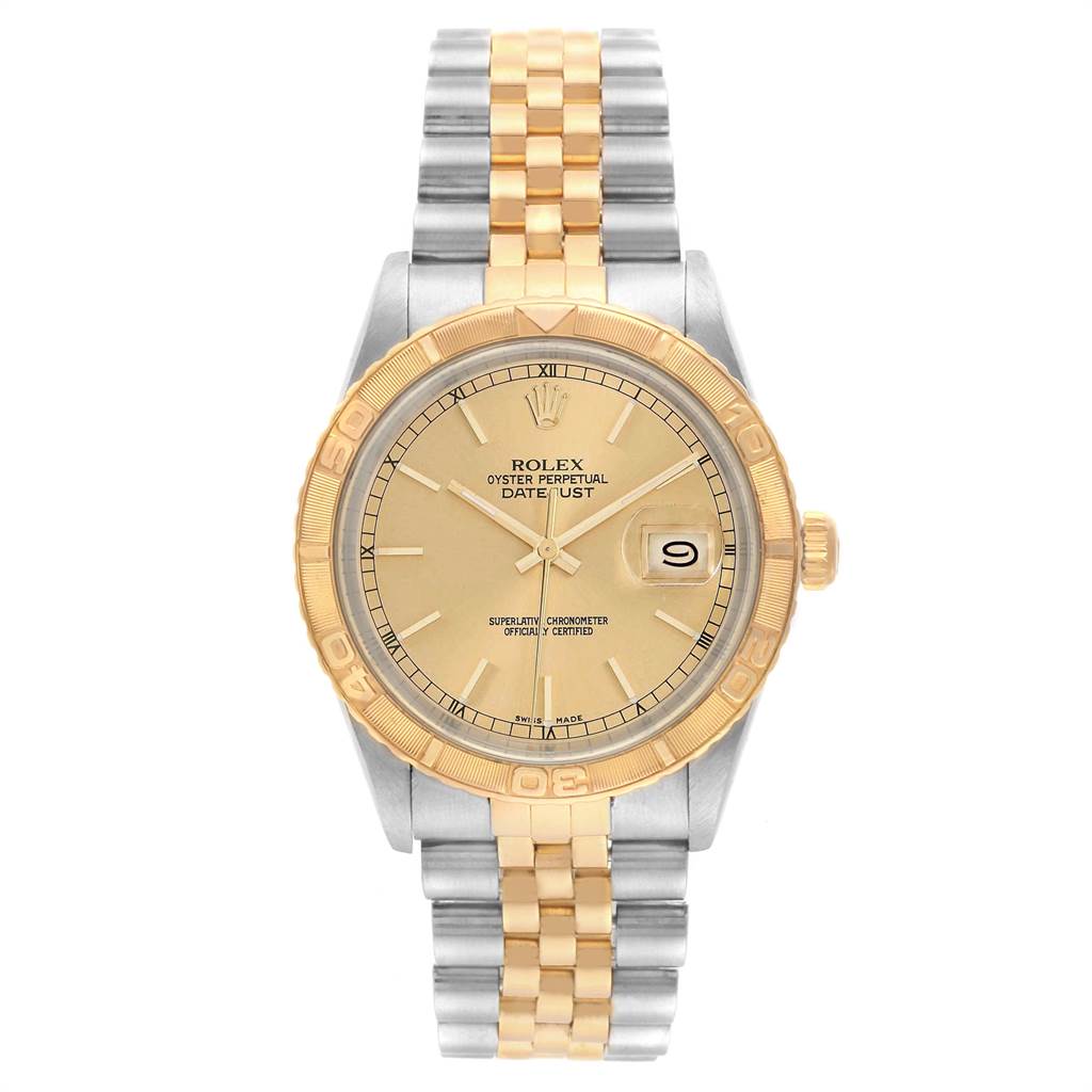 The image shows a front view of the Rolex Turn-o-Graph 16263 Men
s Steel and Gold (two tone) Champagne Dial 16263 Men
s Steel and Gold (two tone) Champagne Dial watch model, displaying the dial, bezel, case, and bracelet.