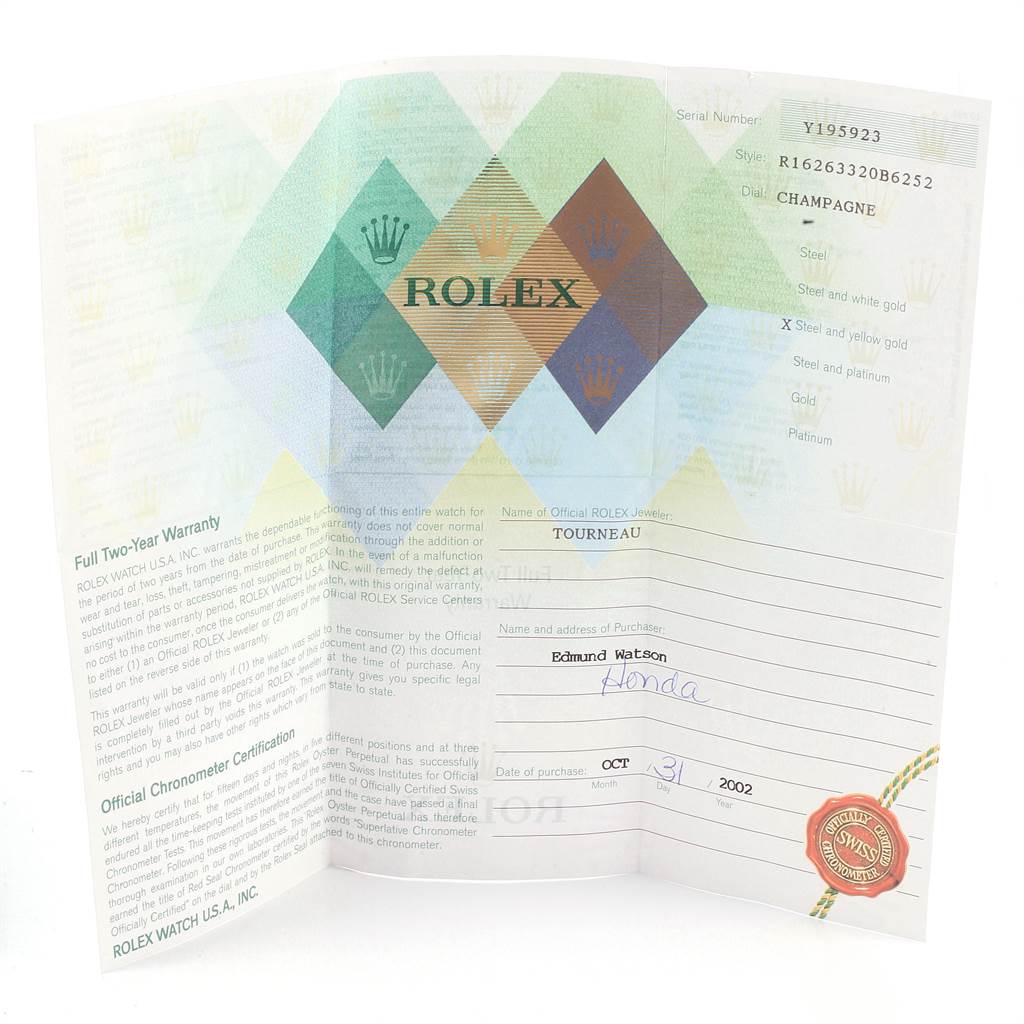 The image shows an open warranty booklet for a Rolex Turn-o-Graph 16263 Men
s Steel and Gold (two tone) Champagne Dial 16263 Men
s Steel and Gold (two tone) Champagne Dial watch, detailing its purchase information and certification.