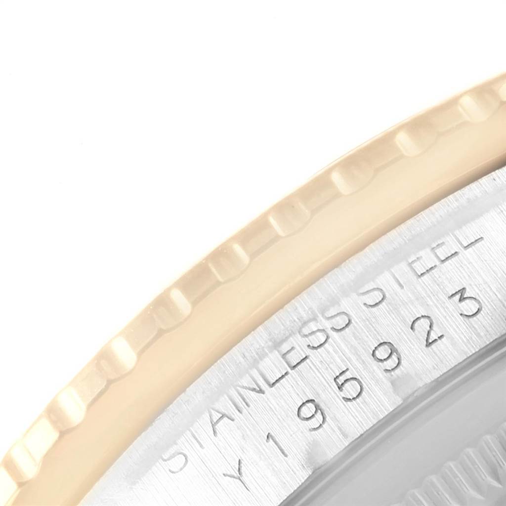 The image shows a close-up of the Rolex Turn-o-Graph 16263 Men
s Steel and Gold (two tone) Champagne Dial 16263 Men
s Steel and Gold (two tone) Champagne Dial model
s engraved stainless steel case back and part of the bezel.