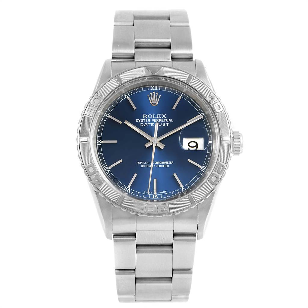 The image shows a front view of a Rolex Turn-o-Graph 16264 Men
s Stainless Steel Blue Dial 16264 Men
s Stainless Steel Blue Dial watch, highlighting the dial, bezel, crown, and bracelet.