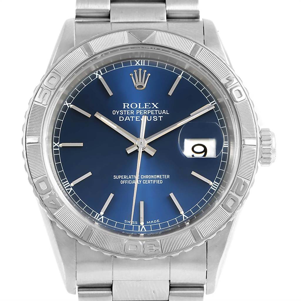 The image displays a front view of a Rolex Turn-o-Graph 16264 Men
s Stainless Steel Blue Dial 16264 Men
s Stainless Steel Blue Dial watch, showing its blue dial, bezel, and date window.