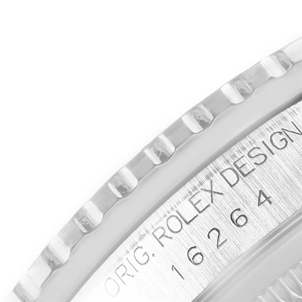 This image shows a close-up of the bezel and part of the casing with the model number of a Rolex Turn-o-Graph 16264 Men
s Stainless Steel Blue Dial 16264 Men
s Stainless Steel Blue Dial watch, model number 16264.