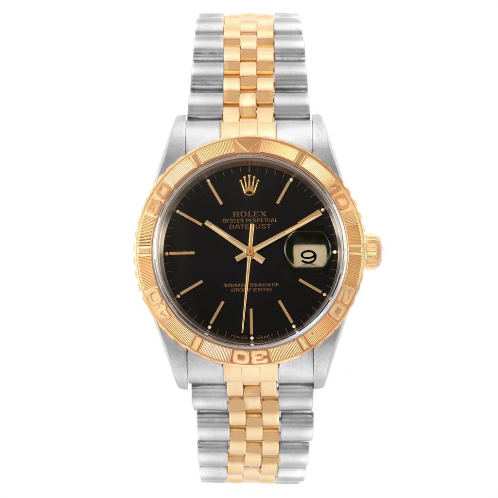 This image shows a front view of a Rolex Turn-o-Graph 16263 Men
s Steel and Gold (two tone) Black Dial 16263 Men
s Steel and Gold (two tone) Black Dial watch, highlighting its gold bezel, black dial, date window, and two-tone bracelet.