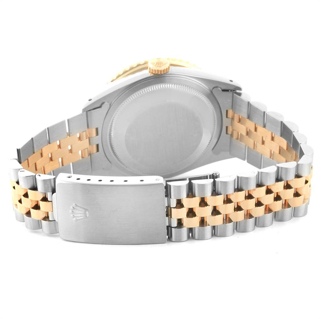 This image shows the back of a Rolex Turn-o-Graph 16263 Men
s Steel and Gold (two tone) Black Dial 16263 Men
s Steel and Gold (two tone) Black Dial watch, highlighting the case back and Jubilee bracelet.