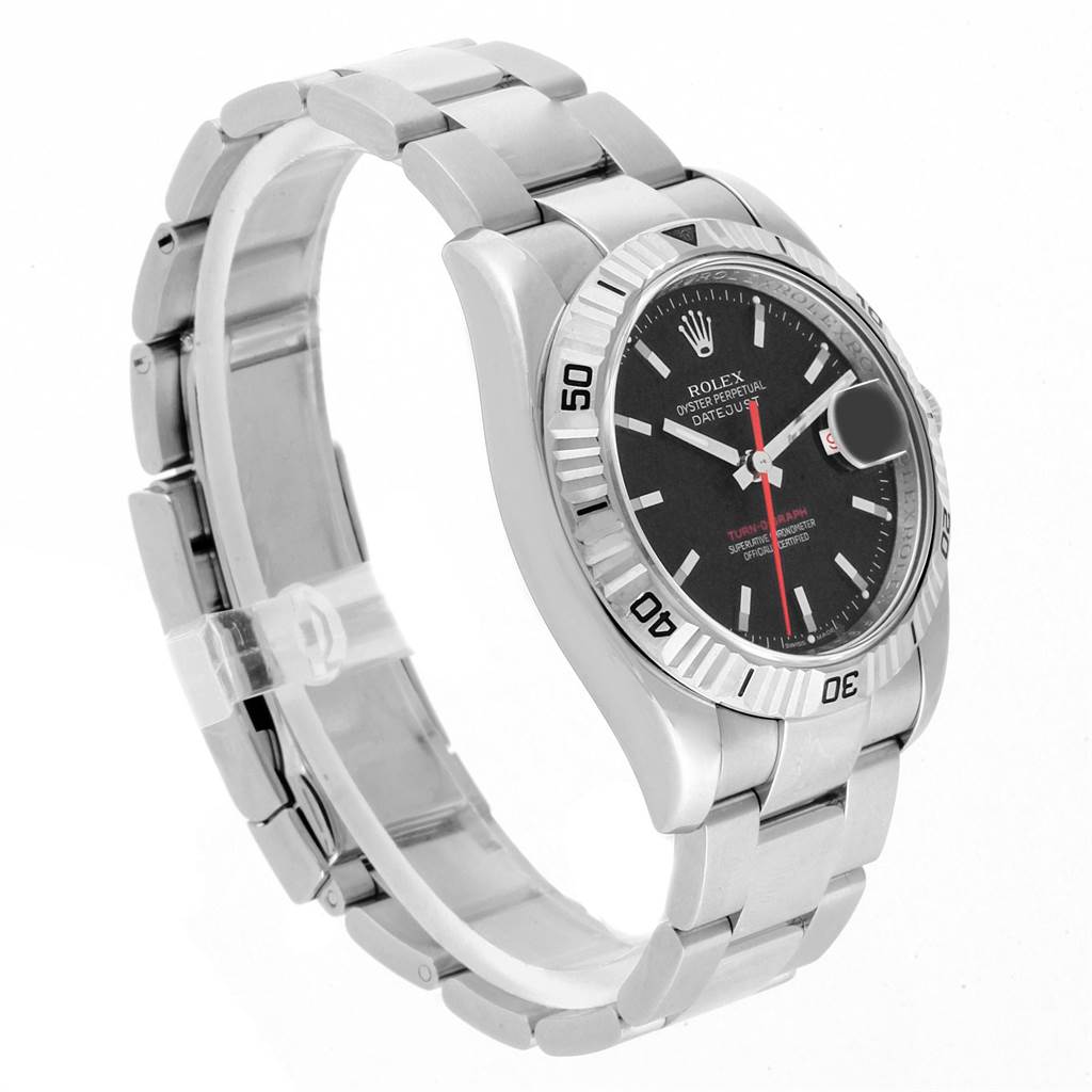 The image shows a Rolex Turn-o-Graph 116264 Men
s Stainless Steel Black Dial 116264 Men
s Stainless Steel Black Dial watch at a three-quarter angle, highlighting the face, bezel, bracelet, and clasp.