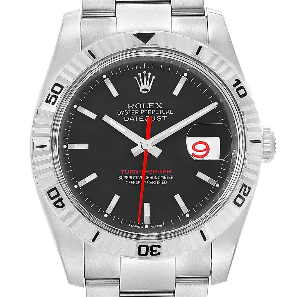 The image shows a front view of the Rolex Turn-o-Graph 116264 Men
s Stainless Steel Black Dial 116264 Men
s Stainless Steel Black Dial watch, highlighting its dial, markers, hands, bezel, and bracelet.