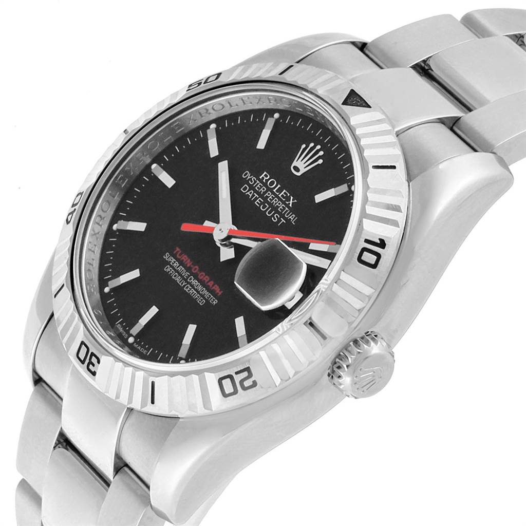 The image shows a Rolex Turn-o-Graph 116264 Men
s Stainless Steel Black Dial 116264 Men
s Stainless Steel Black Dial watch at an angled side view, highlighting its bezel, crown, dial, and bracelet.