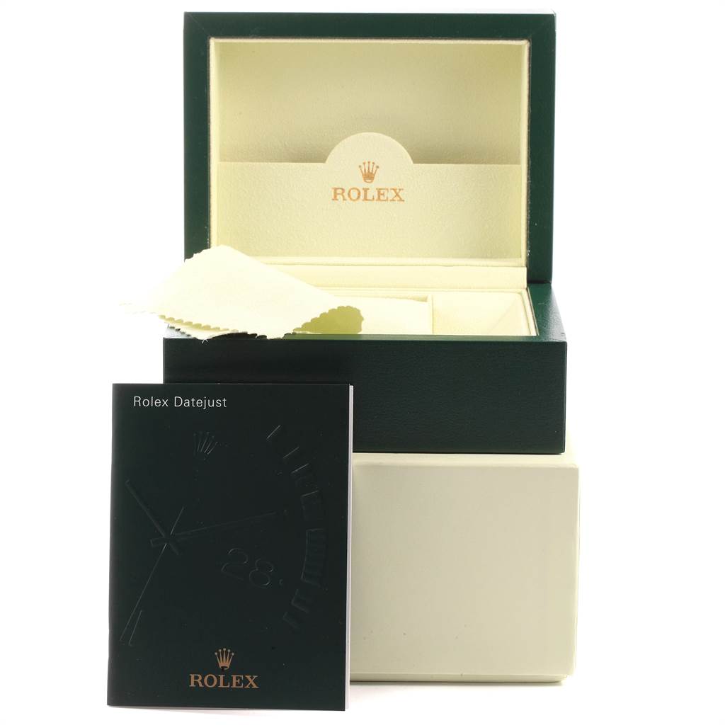 The image shows a Rolex Turn-o-Graph 116264 Men
s Stainless Steel Black Dial 116264 Men
s Stainless Steel Black Dial watch box with an instruction manual and cleaning cloth inside.