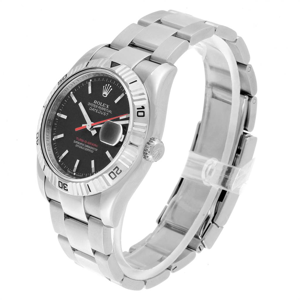 The image shows a Rolex Turn-o-Graph 116264 Men
s Stainless Steel Black Dial 116264 Men
s Stainless Steel Black Dial watch angled slightly from the side, displaying the face, bezel, crown, and part of the bracelet.