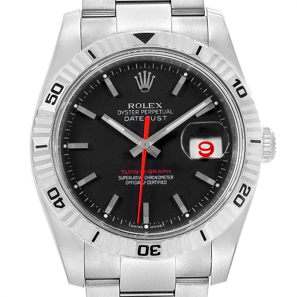 The image shows a front view of a Rolex Turn-o-Graph 116264 Men's Stainless Steel Black Dial 116264 Men's Stainless Steel Black Dial watch, highlighting the dial, bezel, and bracelet.