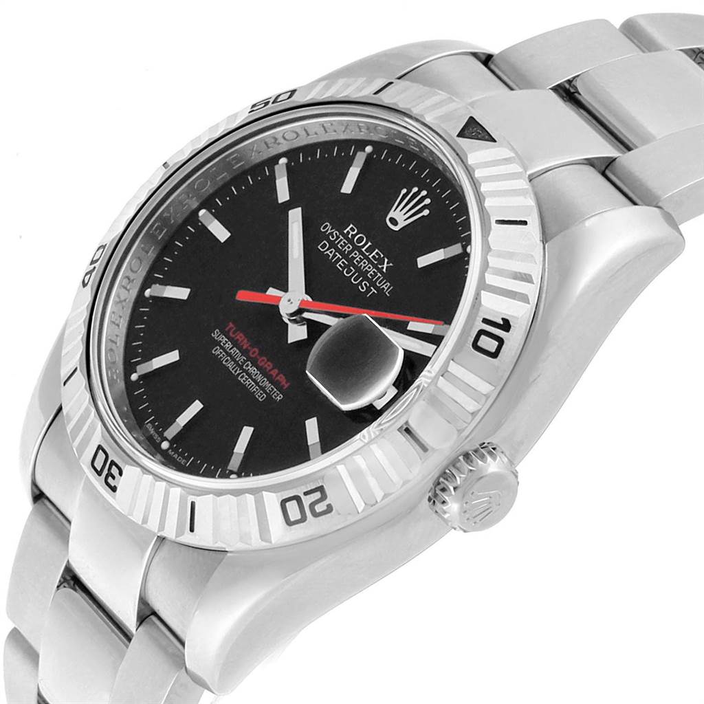 The Rolex Turn-o-Graph 116264 Men's Stainless Steel Black Dial 116264 Men's Stainless Steel Black Dial watch is shown at an angle highlighting the dial, bezel, crown, and part of the bracelet.