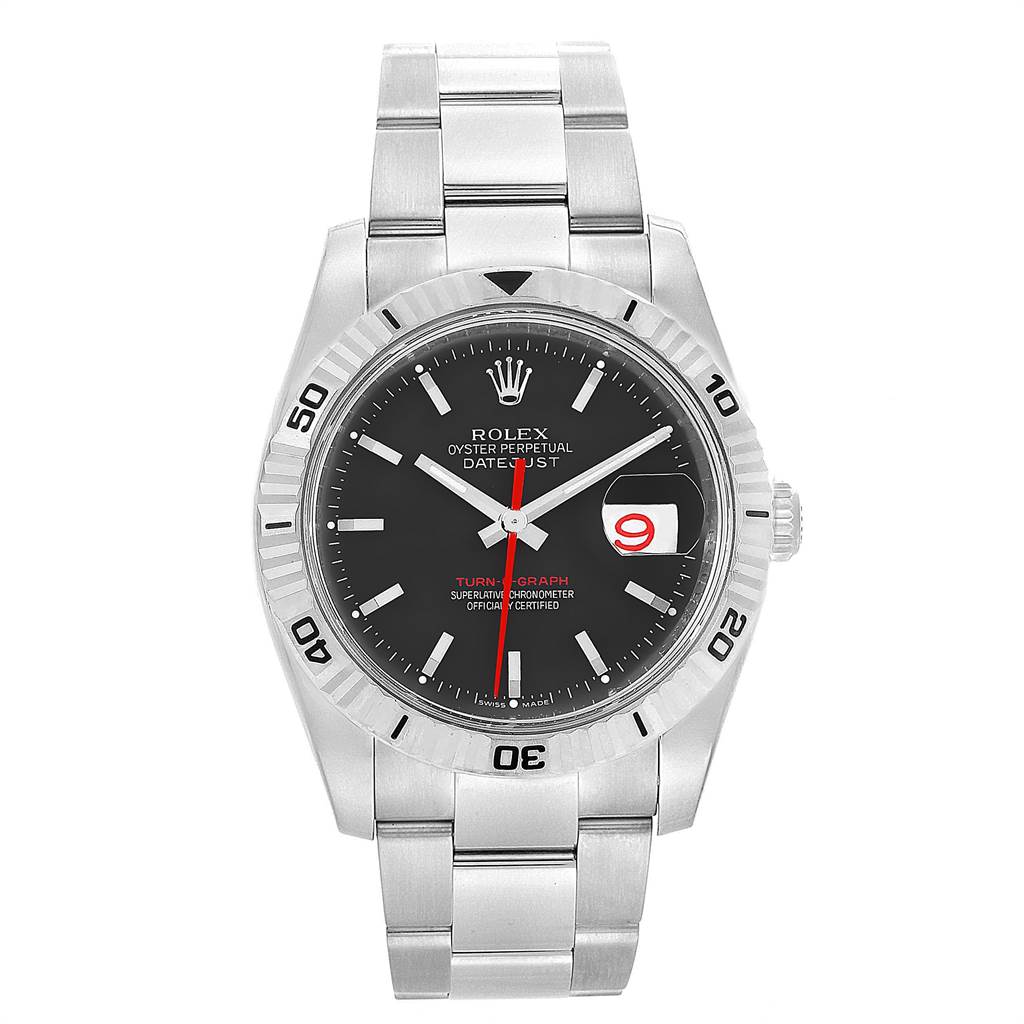 The image shows a Rolex Turn-o-Graph 116264 Men's Stainless Steel Black Dial 116264 Men's Stainless Steel Black Dial watch from a front angle, displaying the face, bezel, bracelet, and crown.