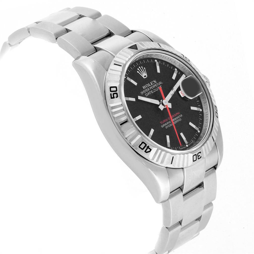 This is a side angle view of the Rolex Turn-o-Graph 116264 Men's Stainless Steel Black Dial 116264 Men's Stainless Steel Black Dial watch, showing the bezel, dial, and part of the bracelet.