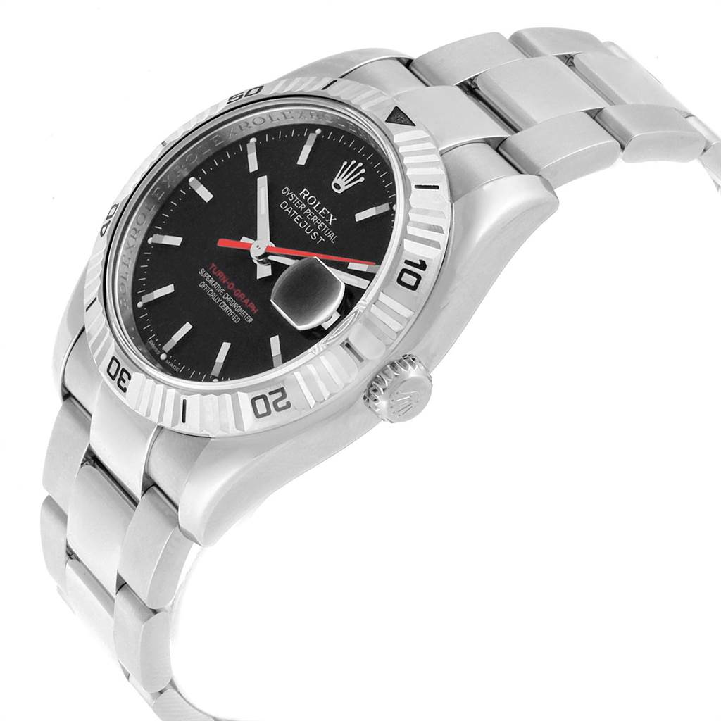 The Rolex Turn-o-Graph 116264 Men's Stainless Steel Black Dial 116264 Men's Stainless Steel Black Dial watch is shown at a slight side angle, highlighting the bezel, dial, crown, and bracelet.