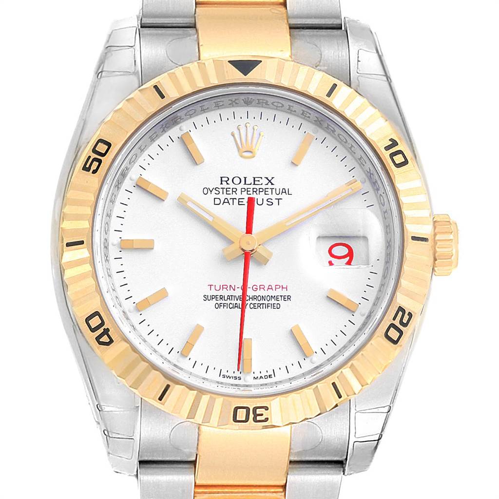 The Rolex Turn-o-Graph 116263 Men's Steel and Gold (two tone) White Dial 116263 Men's Steel and Gold (two tone) White Dial watch is shown from a front angle, displaying its face, gold bezel, and partial metal strap.