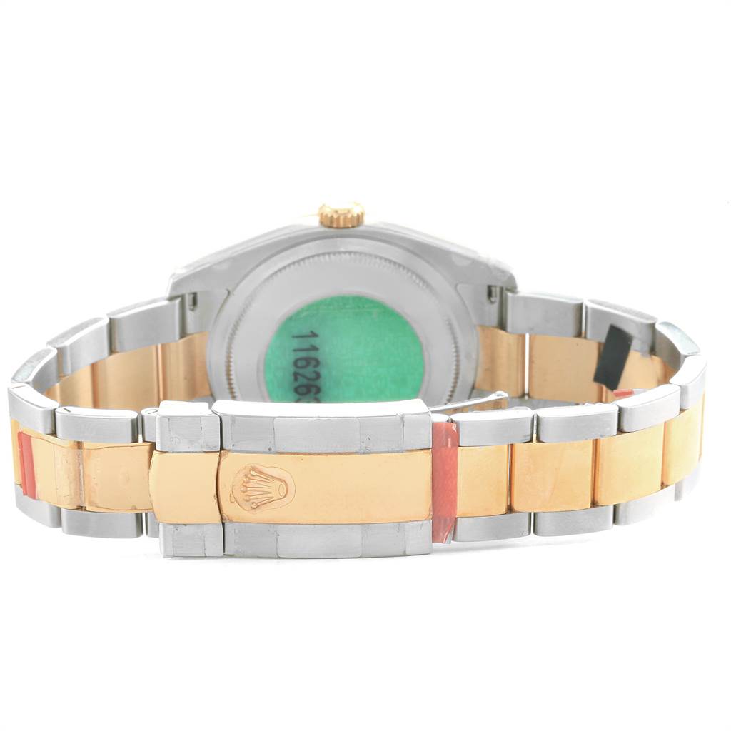 This image shows the back view of a Rolex Turn-o-Graph 116263 Men's Steel and Gold (two tone) White Dial 116263 Men's Steel and Gold (two tone) White Dial watch, highlighting the bracelet and clasp.