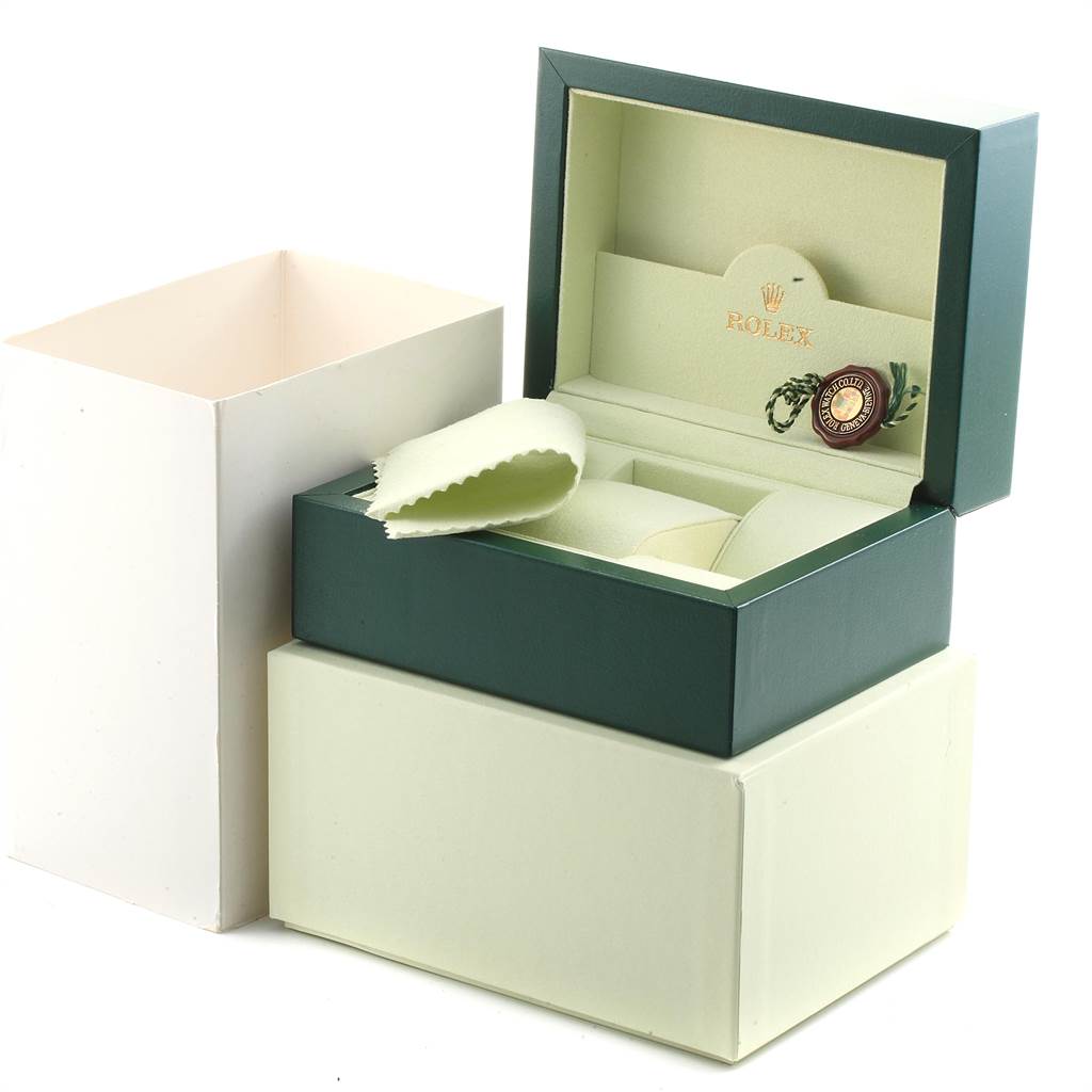 This image shows the open Rolex Turn-o-Graph 116263 Men's Steel and Gold (two tone) White Dial 116263 Men's Steel and Gold (two tone) White Dial box, displaying the watch cushion, cleaning cloth, and certificate holder.