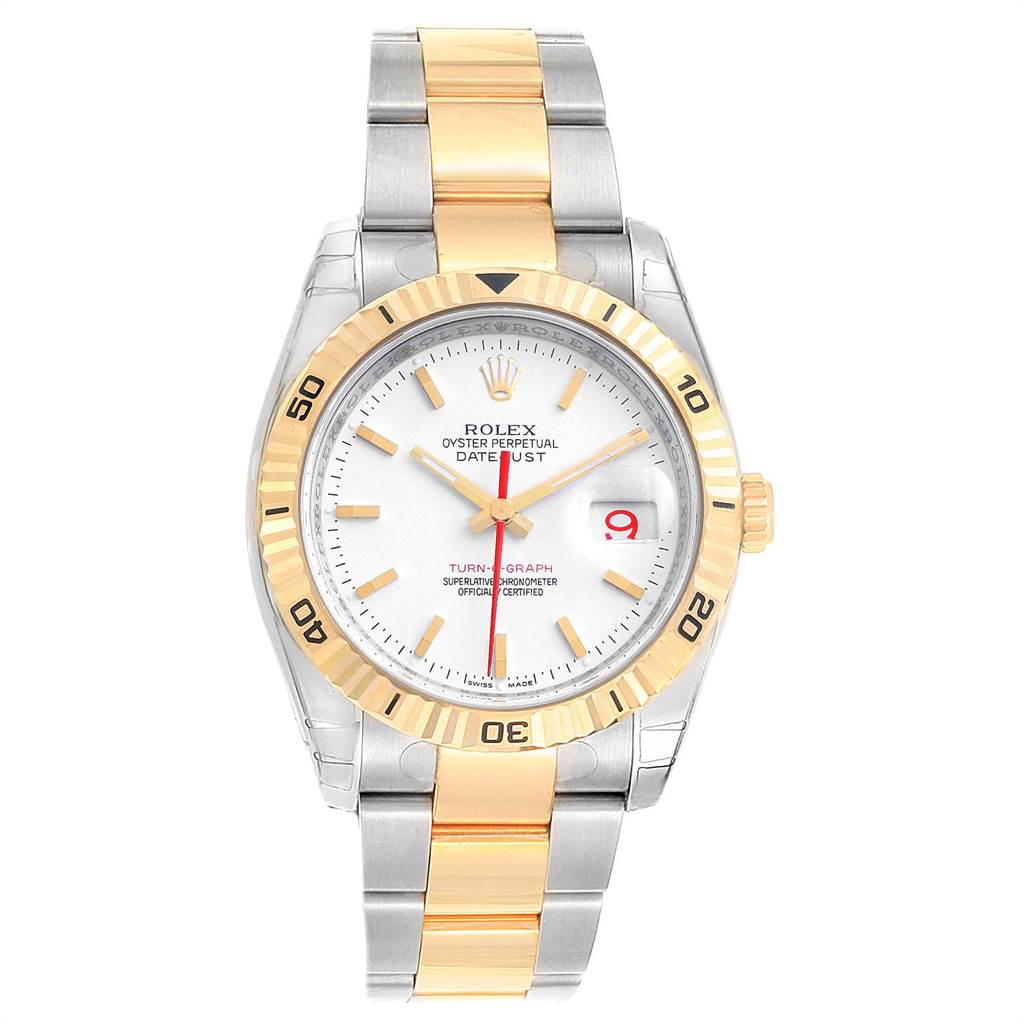 The image shows a frontal view of a Rolex Turn-o-Graph 116263 Men's Steel and Gold (two tone) White Dial 116263 Men's Steel and Gold (two tone) White Dial watch, detailing its dial, bezel, and two-tone bracelet.