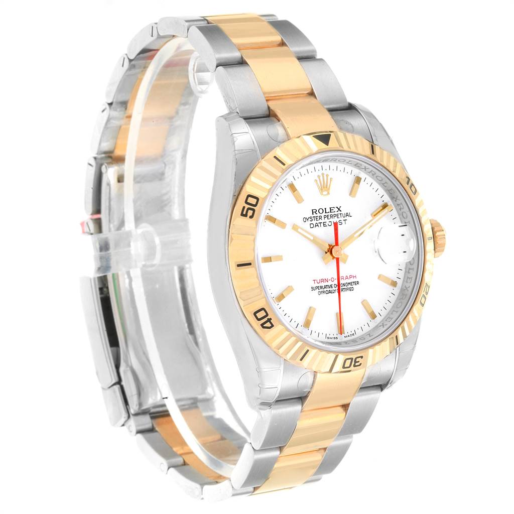The Rolex Turn-o-Graph 116263 Men's Steel and Gold (two tone) White Dial 116263 Men's Steel and Gold (two tone) White Dial watch is shown at a three-quarter angle, displaying the face, bezel, and part of the bracelet.