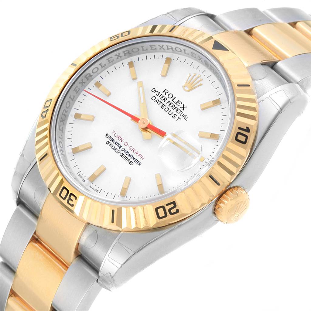 The image shows a close-up angle of the Rolex Turn-o-Graph 116263 Men's Steel and Gold (two tone) White Dial 116263 Men's Steel and Gold (two tone) White Dial watch, highlighting the bezel, dial, bracelet, and crown.