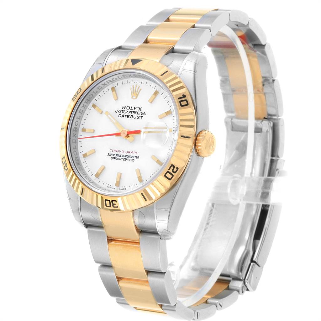 The image shows a Rolex Turn-o-Graph 116263 Men's Steel and Gold (two tone) White Dial 116263 Men's Steel and Gold (two tone) White Dial watch at a three-quarter angle, detailing its two-tone bracelet and bezel.