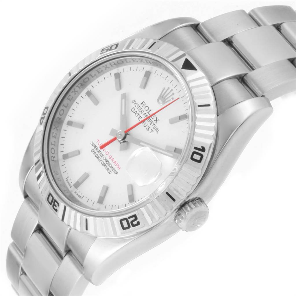 The image shows a side view of the Rolex Turn-o-Graph 116264 Men
s Stainless Steel White Dial 116264 Men
s Stainless Steel White Dial watch, highlighting its face, bezel, and part of the bracelet.