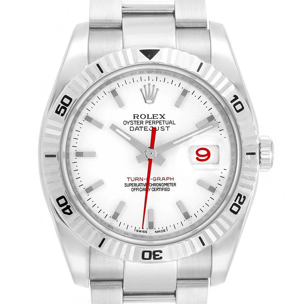 The image shows the face of a Rolex Turn-o-Graph 116264 Men
s Stainless Steel White Dial 116264 Men
s Stainless Steel White Dial watch from a straight-on angle, highlighting the bezel, dial, and bracelet.