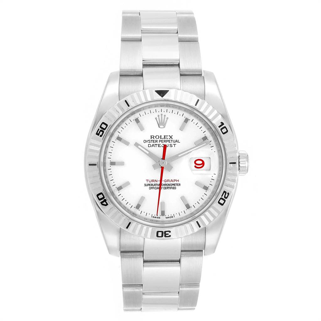 The image shows a frontal view of a Rolex Turn-o-Graph 116264 Men
s Stainless Steel White Dial 116264 Men
s Stainless Steel White Dial watch, displaying the dial, bezel, hands, and bracelet.