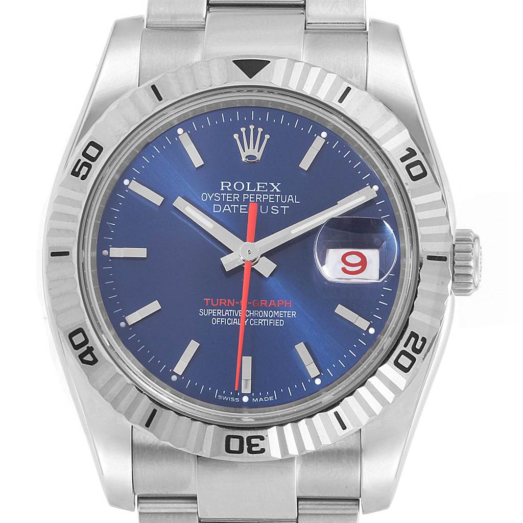 The image shows a front view of a Rolex Turn-o-Graph 116264 Men
s Stainless Steel Blue Dial 116264 Men
s Stainless Steel Blue Dial watch, featuring its blue dial, date window, and rotating bezel.