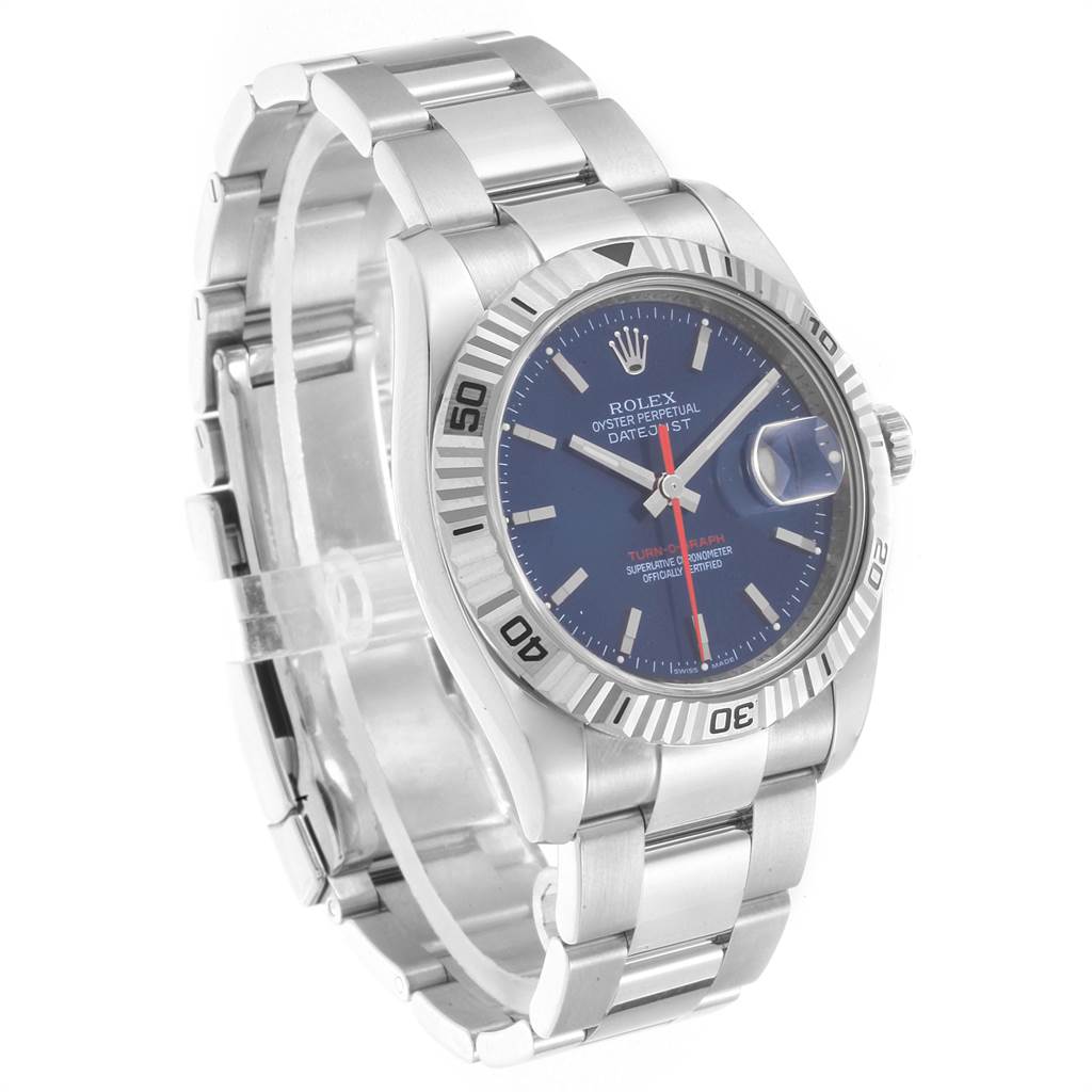The image shows a Rolex Turn-o-Graph 116264 Men
s Stainless Steel Blue Dial 116264 Men
s Stainless Steel Blue Dial watch at a slight angle, displaying the dial, bezel, case, and bracelet.