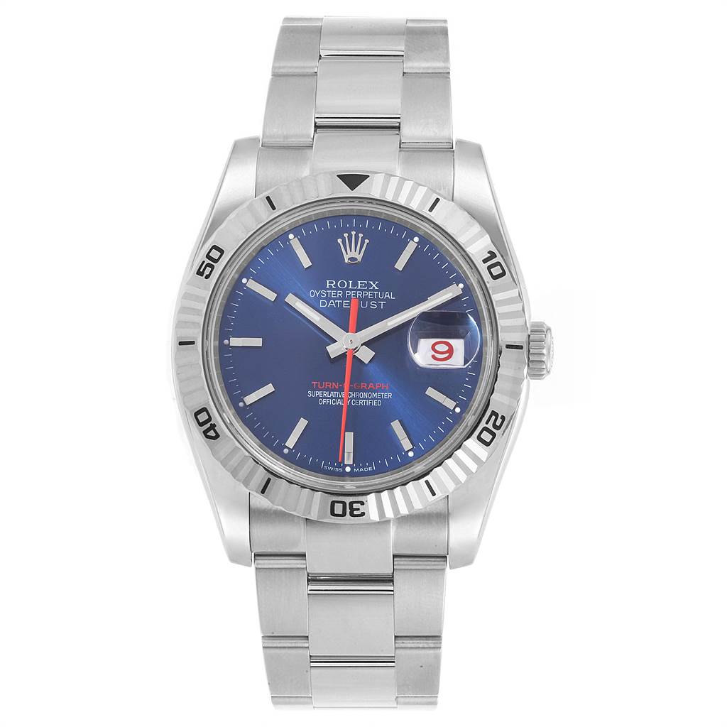 The image shows a front angle view of a Rolex Turn-o-Graph 116264 Men
s Stainless Steel Blue Dial 116264 Men
s Stainless Steel Blue Dial watch with a blue dial and stainless steel bracelet.