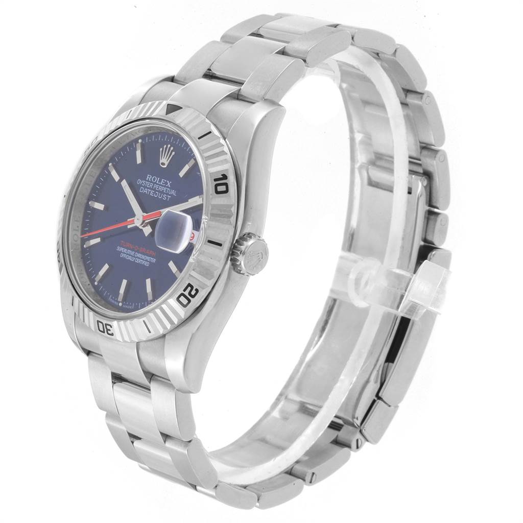 The image shows a Rolex Turn-o-Graph 116264 Men
s Stainless Steel Blue Dial 116264 Men
s Stainless Steel Blue Dial model watch at a three-quarter angle, highlighting the face, bezel, and bracelet.