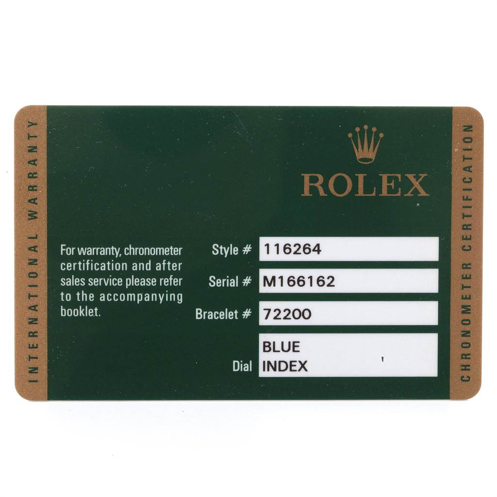 This is an image of the warranty card for a Rolex Turn-o-Graph 116264 Men
s Stainless Steel Blue Dial 116264 Men
s Stainless Steel Blue Dial model, displaying serial number, style number, and bracelet number.