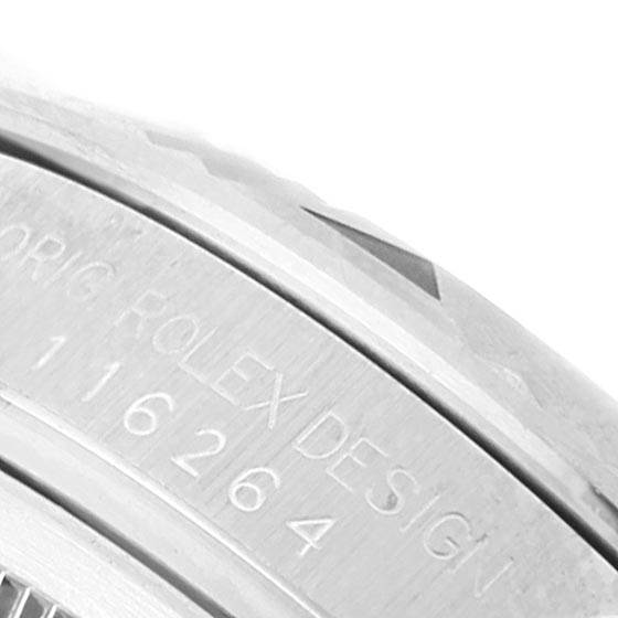This close-up image of a Rolex Turn-o-Graph 116264 Men
s Stainless Steel Blue Dial 116264 Men
s Stainless Steel Blue Dial watch shows the engraved text and part of the bezel.