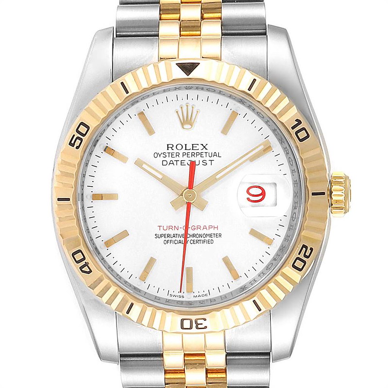 This image shows a front view of a Rolex Turn-O-Graph watch featuring a two-tone bracelet and a white dial with gold accents.