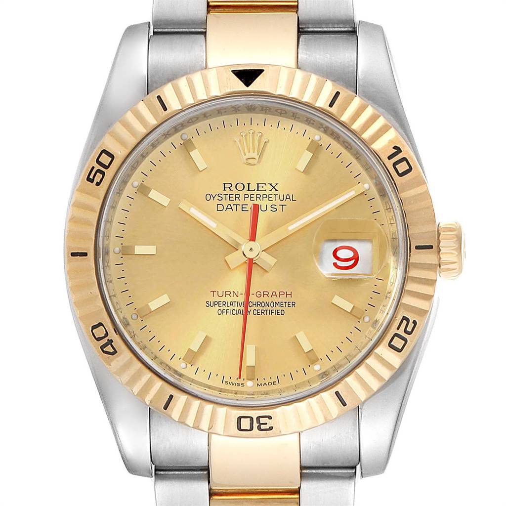 This image shows a front view of the Rolex Turn-o-Graph 116263 Men's Steel and Gold (two tone) Champagne Dial 116263 Men's Steel and Gold (two tone) Champagne Dial watch, featuring its face, bezel, and part of the bracelet.