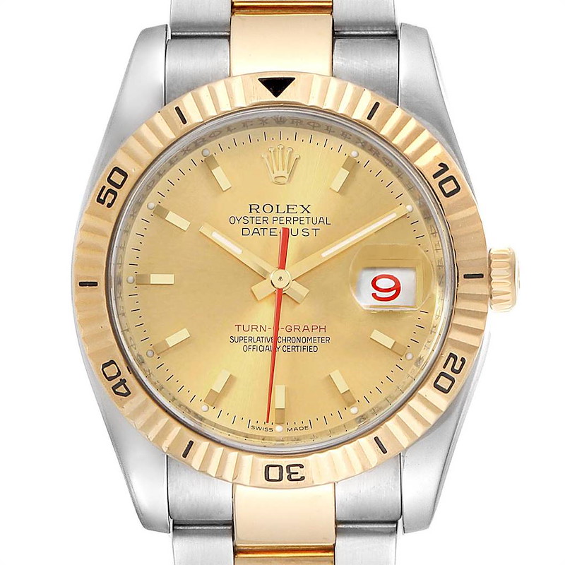 This image shows a front view of the Rolex Turn-o-Graph watch, featuring its face, bezel, and part of the bracelet.