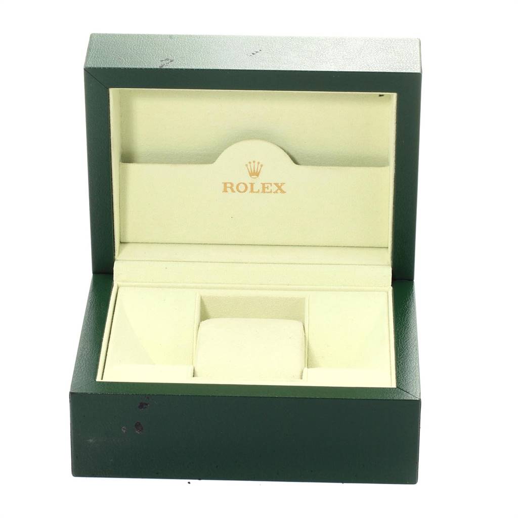 This image shows an open green watch box for a Rolex Turn-o-Graph 116263 Men's Steel and Gold (two tone) Champagne Dial 116263 Men's Steel and Gold (two tone) Champagne Dial, displaying the brand logo inside the lid.