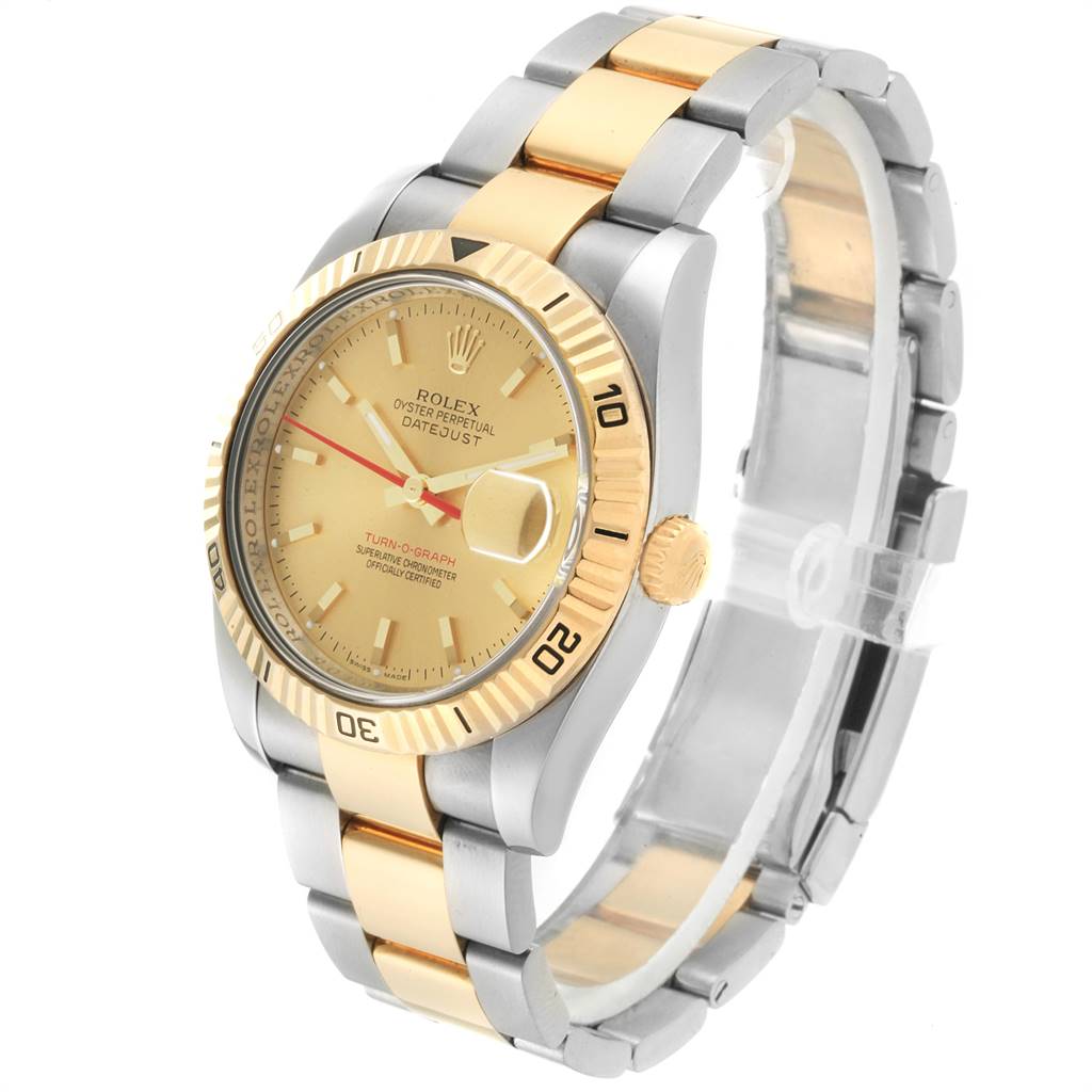 The Rolex Turn-o-Graph 116263 Men's Steel and Gold (two tone) Champagne Dial 116263 Men's Steel and Gold (two tone) Champagne Dial watch is shown at an angle highlighting the face, two-tone bracelet, bezel, and crown.