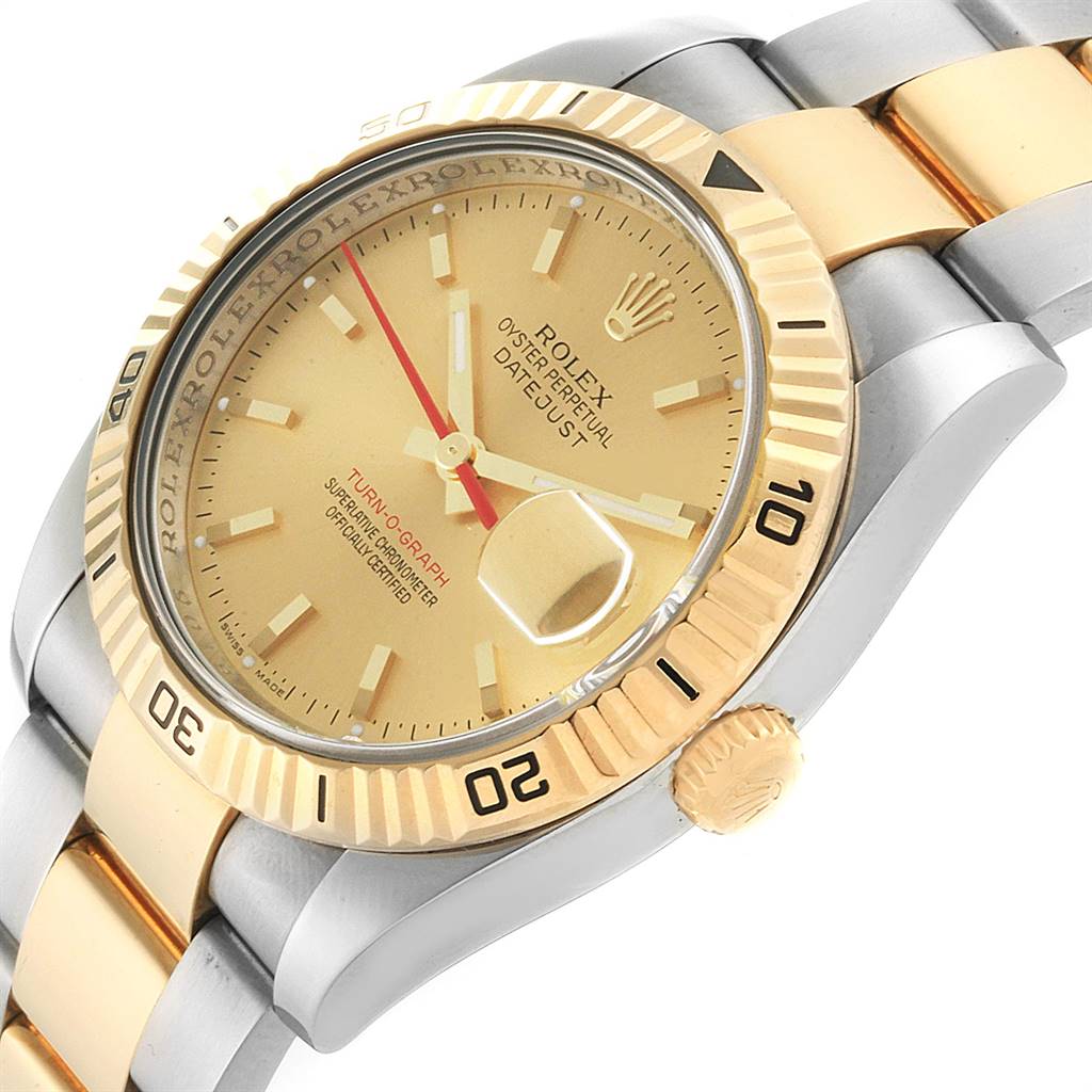 The image shows a close-up angle of the Rolex Turn-o-Graph 116263 Men's Steel and Gold (two tone) Champagne Dial 116263 Men's Steel and Gold (two tone) Champagne Dial watch face, bezel, crown, and part of the bracelet.