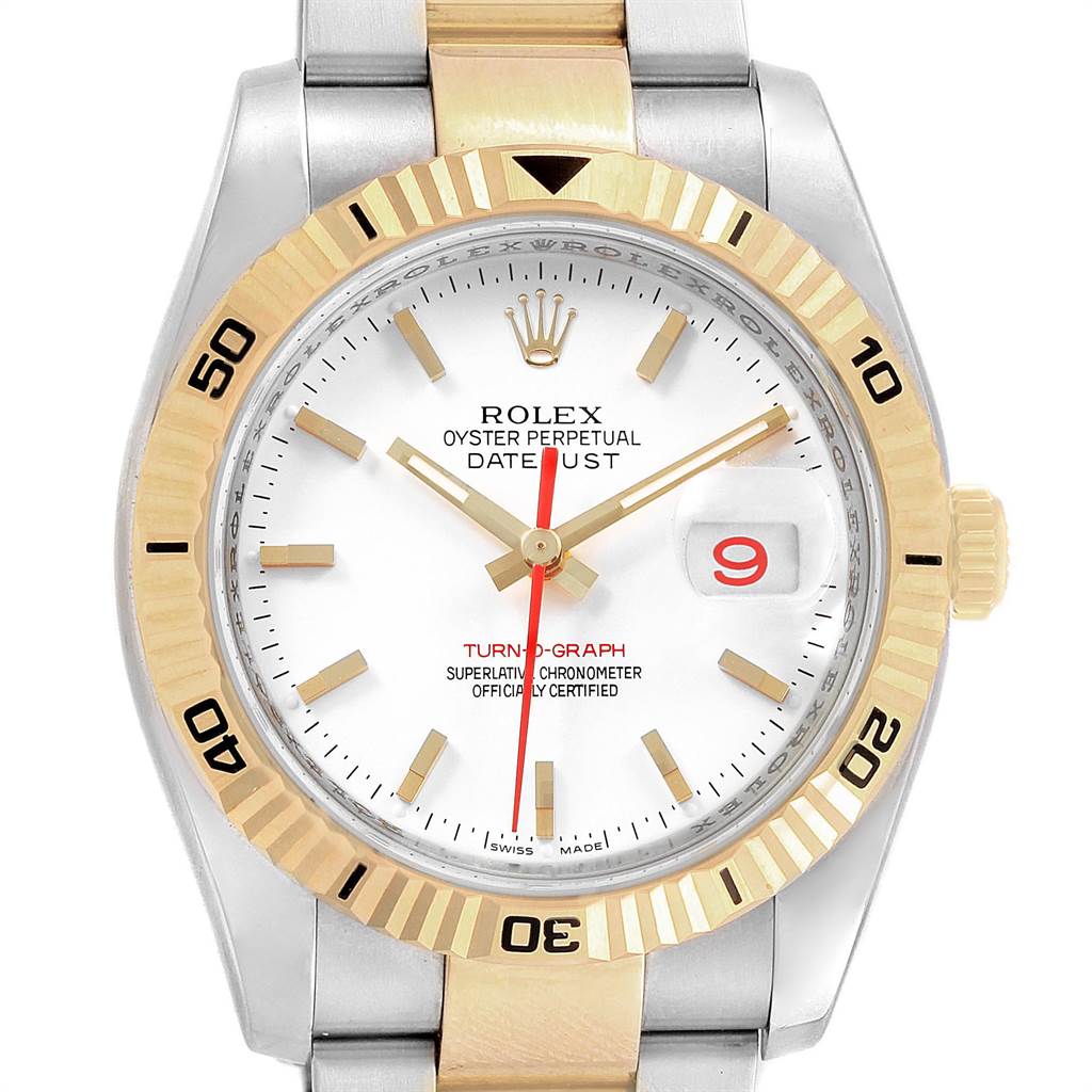 This image shows a frontal view of a Rolex Turn-o-Graph 116263 Men
s Stainless Steel White Dial 116263 Men
s Stainless Steel White Dial watch displaying the face, bezel, and part of the bracelet.