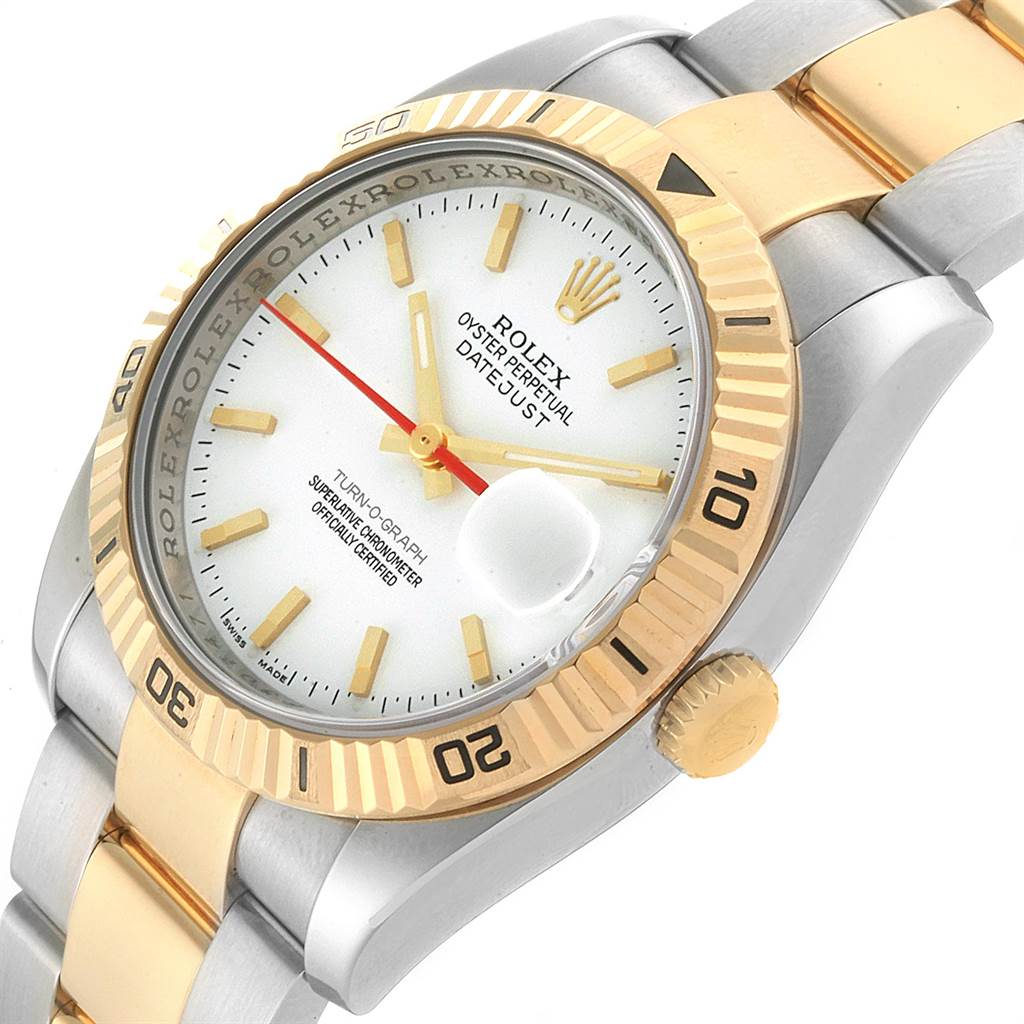 The Rolex Turn-o-Graph 116263 Men
s Stainless Steel White Dial 116263 Men
s Stainless Steel White Dial watch is shown at a front angle highlighting the dial, bezel, hands, and part of the bracelet.