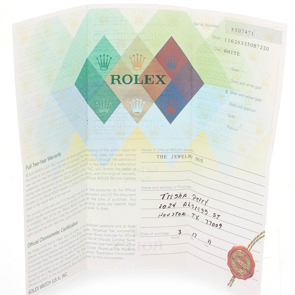 The image shows an unfolded warranty certificate for a Turn-o-Graph model by Rolex.