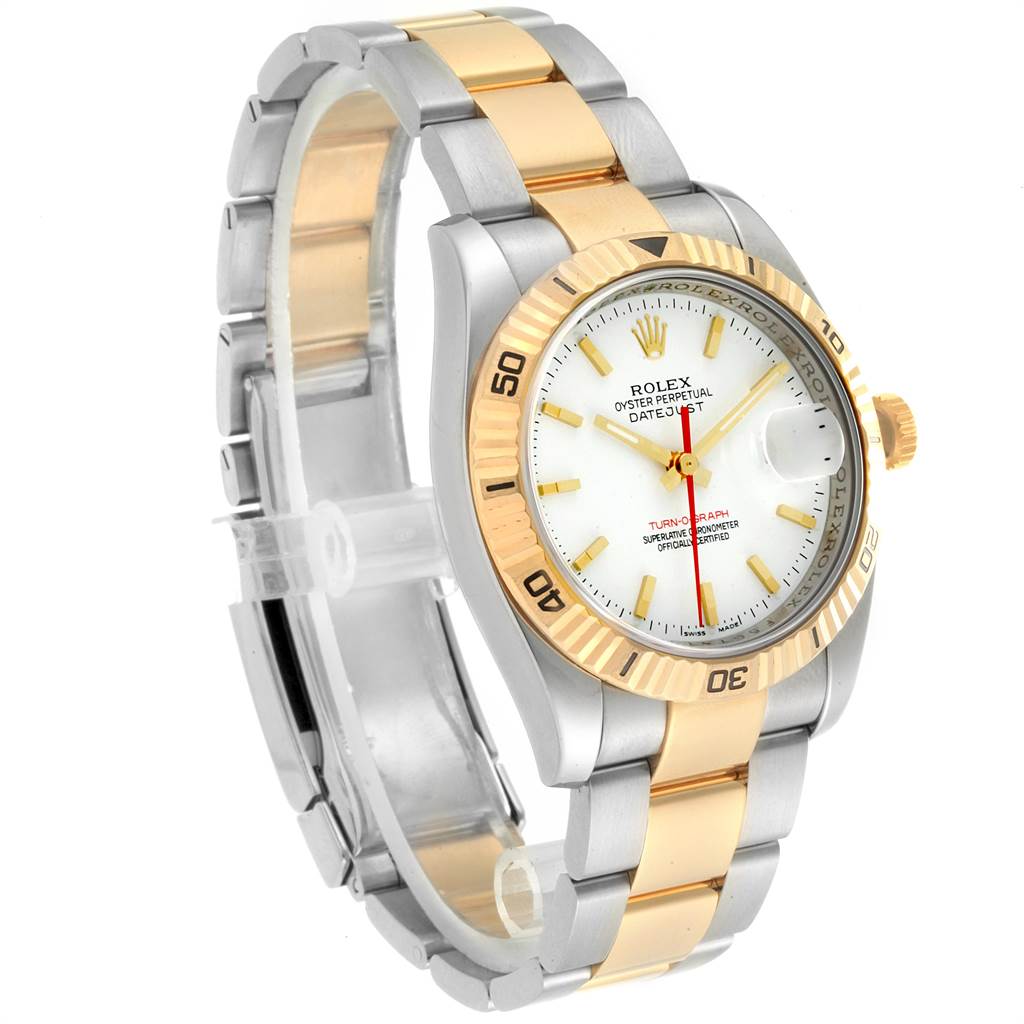 The image shows a Rolex Turn-o-Graph 116263 Men
s Stainless Steel White Dial 116263 Men
s Stainless Steel White Dial model watch at a three-quarter angle, highlighting the dial, bezel, and two-tone bracelet.